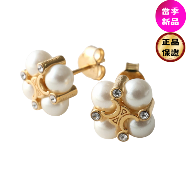Celine Les Perles 水晶、樹脂珍珠及金色飾面黃銅耳釘 Les Perles Celine, 耳釘, 黃銅水晶, 金色/象牙色, 義大利製造, 時尚單品