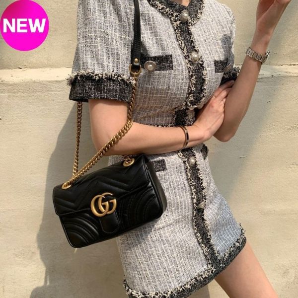 Gucci 446744 迷你衍縫 GG Marmont 包    黑色 Gucci GG Marmont迷你包, 絎縫波浪紋皮革, 迷你鏈帶包