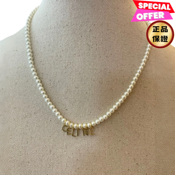Celine  金色飾面黃銅玻璃珍珠頸鍊   象牙色 / 金色 Celine, 單色頸鍊, 黃銅玻璃珠, 象牙色/銀色, 義大利製造, 時尚單品