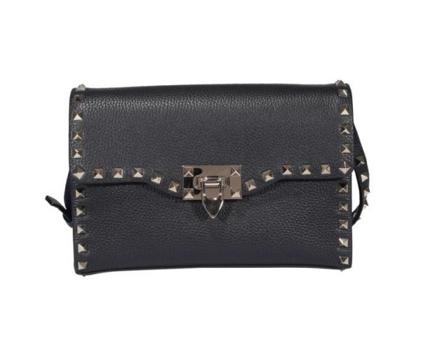 Valentino 小款 Rockstud 粒面小牛皮斜背包 黑色 
