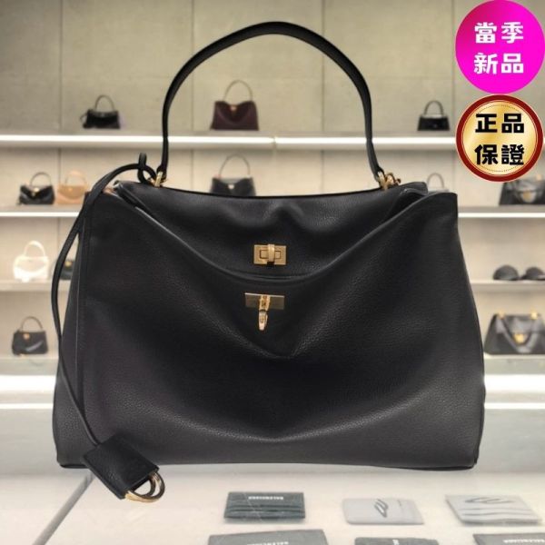 Balenciaga 789772 粒面小牛皮中款 Rodeo 包  黑色/復古金釦 Balenciaga 手袋, 中款小牛皮包, 黑色粒面包, Rodeo 系列, 義大利手工, 低調奢華, 夏日時尚, 隨性風格