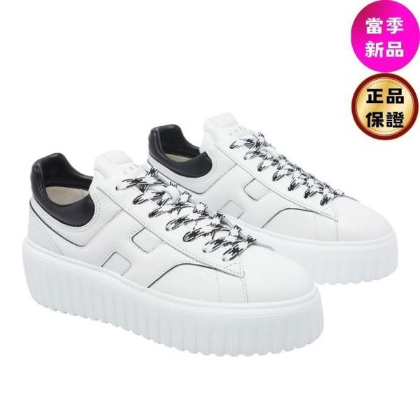 Hogan 女款 H-Stripes 光滑皮革6公分厚底餅乾運動鞋  黑尾  EU35/36/36.5/37/37.5/38/38.5/39 Hogan, H-Stripes, 運動鞋, 白黑, 納帕皮革, 超輕量大底, 義大利製