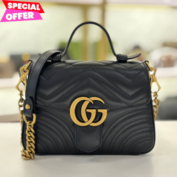Gucci 547260 迷你 GG Marmont 包 Gucci GG Marmont手提包,迷你雙G包,黑色絎縫皮革包,Gucci心形細節