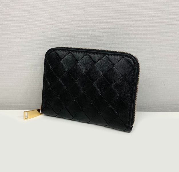 Bottega Veneta 600874 經典羊皮編織拉鍊零錢包  黑色 