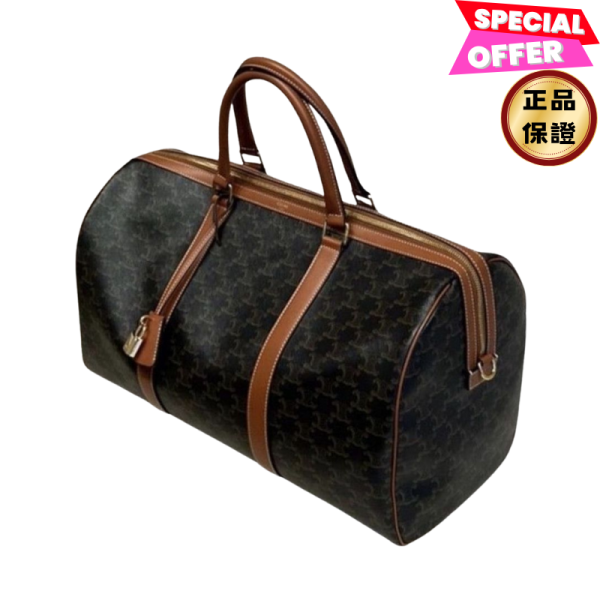 Celine 190662 標誌印花牛皮革中號旅行袋 – 黃褐色 Celine旅行袋, Triomphe帆布, 牛皮革旅行袋, 中號旅行袋, 時尚多功能旅行袋