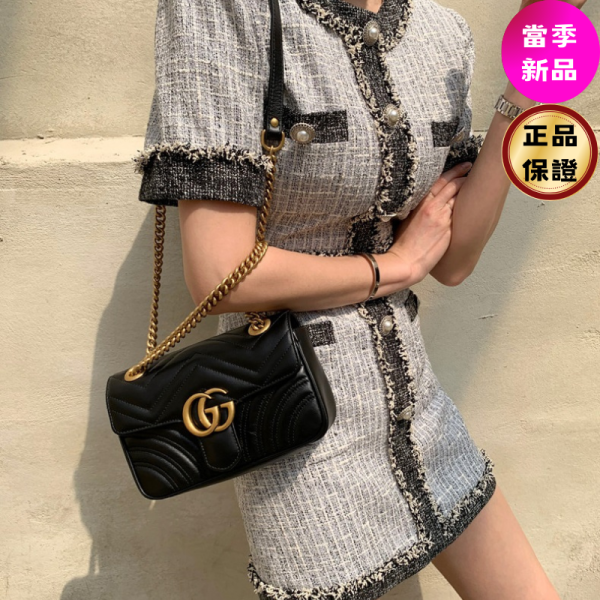 Gucci 446744 迷你衍縫 GG Marmont 包    黑色 Gucci GG Marmont迷你包, 絎縫波浪紋皮革, 迷你鏈帶包