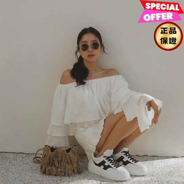 Hogan 女款 H-Stripes 光滑皮革6公分厚底餅乾運動鞋  白配黑色  EU35/36/37/38/39 Hogan, H-Stripes, 運動鞋, 白黑, 納帕皮革, 超輕量大底, 義大利製