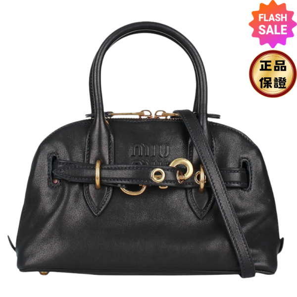 MiuMiu 5BB169 Aventure 小款納帕小羊皮貝殼包  黑色 Miu Miu Aventure, 納帕皮革手挽手袋, 小羊皮, 壓紋標誌, 可調肩帶, 時尚單品