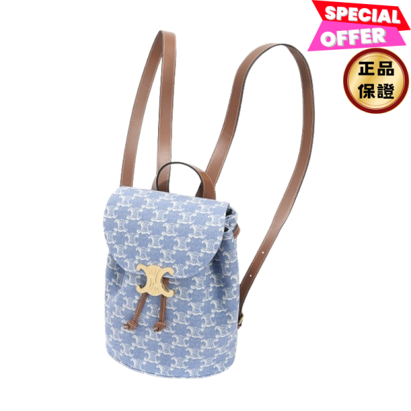 Celine 118702 凱旋門印花 Triomphe Bonnie雙肩後背包  丹寧牛仔藍 Celine, Bonnie, Triomphe織物, 牛皮革飾邊, 義大利製造, 時尚背包, 2025夏日包款, 奢華設計, 高端手提包, 牛仔藍背包