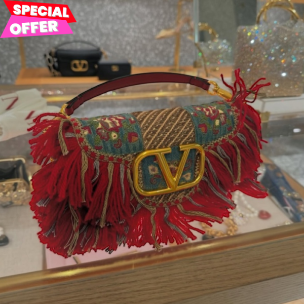 Valentino 博物館限量款 Loco 鏈條包 多色 Valentino Garavani 肩背包, 小型紅色包, 提花棉布包, 多色 VLogo 包, 義大利手工包, 奢華時尚包, 時尚肩背包