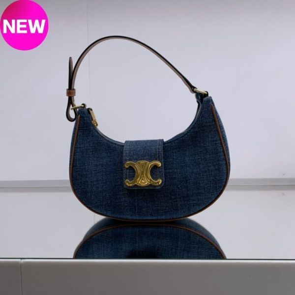 Celine 114493 中款 AVA  丹寧牛仔布凱旋門包  藍色/棕色 Celine 手袋, 中款牛仔布包, 黃褐色手袋, Triomphe 凱旋門, 義大利手工, 隨性奢華, 夏日時尚, AVA 包
