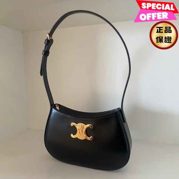 Celine 115703 亮面小牛皮凱旋門中款 Tilly 包    黑色 Celine 凱旋門包, Celine Tilly 包, 亮面小牛皮包, 金色飾面手袋, Celine 115703 包款, 中款肩背包, 可調肩帶設計, 義大利製時尚包, 黑色手袋