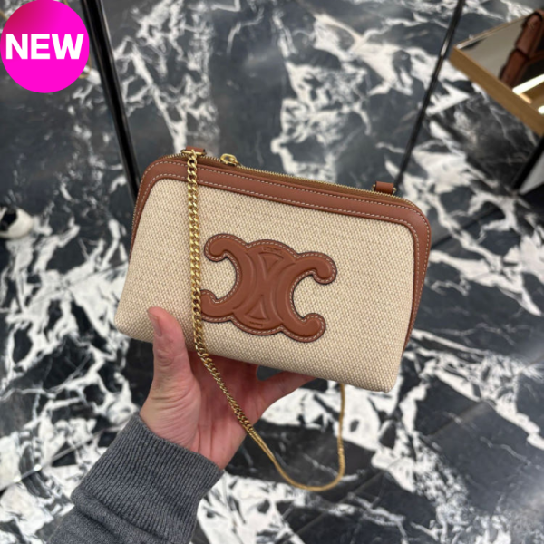 Celine Cuir Triomphe 凱門帆布小牛皮金鍊迷你包 Celine, Clutch on Chain, 織物小牛皮, 義大利製造, 時尚手拿包, 2025夏日配件, 奢華設計, 高端鏈條包, 天然色手袋