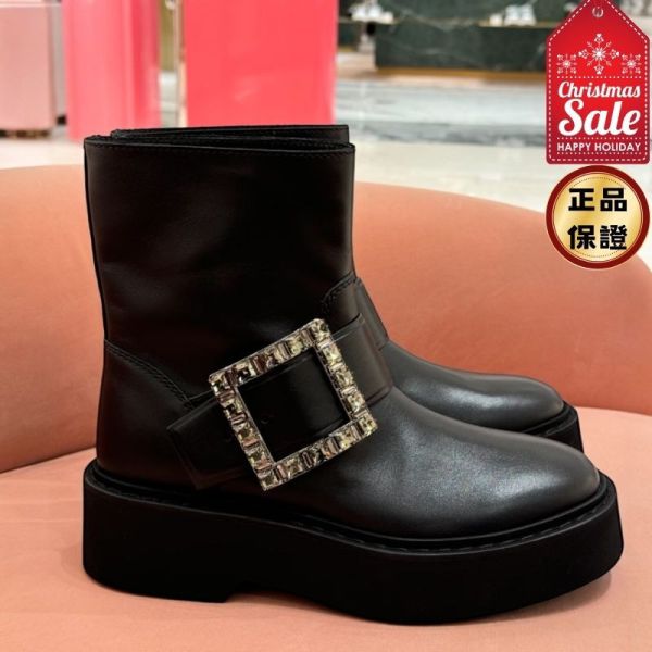 Roger Vivier Viv' Rangers水晶方釦短筒黑色皮靴  EU36/37/39/40 Rogervivier, Viv' Rangers, 短筒皮靴, 小牛皮, 黑色, 義大利