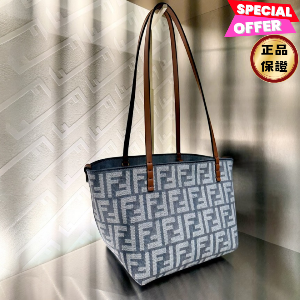 Fendi  8BH424 Roll 小款雙面 FF 緹花托特手提包  牛仔藍 FENDI, Roll, FF 提花, 雙面手提袋, 牛仔布效果, 義大利製造