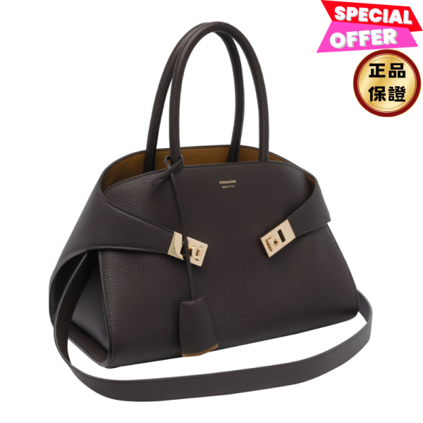 Ferragamo 777524 中款錘紋小牛皮雙色Hug包  巧克力/楓葉棕色﻿ Ferragamo, Hug, 雙色手提包, 中號, 棕色, 義大利製造, 錘紋牛皮, Gancini扣飾, 實用設計, 時尚單品