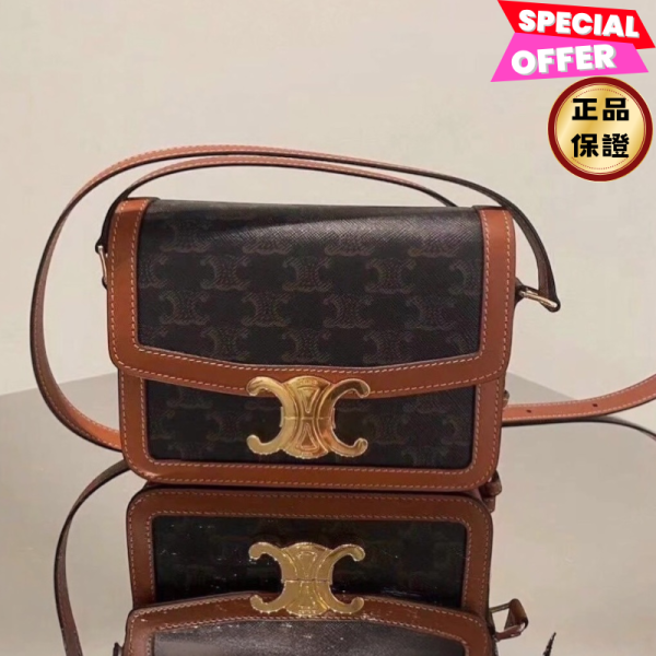 Celine 18888 Teen 老花帆布及小牛皮 Triomphe 凱旋門包    黃褐色 celine Teen包, Celine凱旋門包, 帆布小牛皮包, Celine肩背包, Triomphe包