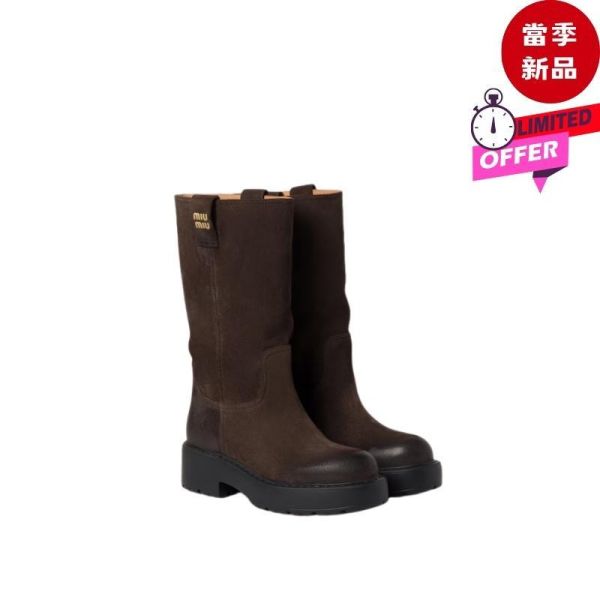 Miu Miu女款 5U270 長款麂皮復古小牛皮機車靴   棕色  IT37/39 Miu Miu,Miu Miu短靴,麂皮短靴,厚底靴,黑色女靴,鋸齒底靴,EVA鞋底,5U270E