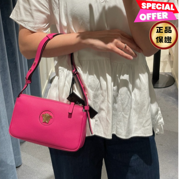 Versace  La Medusa  美杜莎小牛皮肩背包  紫紅色 Versace, La Medusa, 粉色小牛皮肩背包, 義大利製造, 可調肩帶, 金色硬體, 時尚單品
