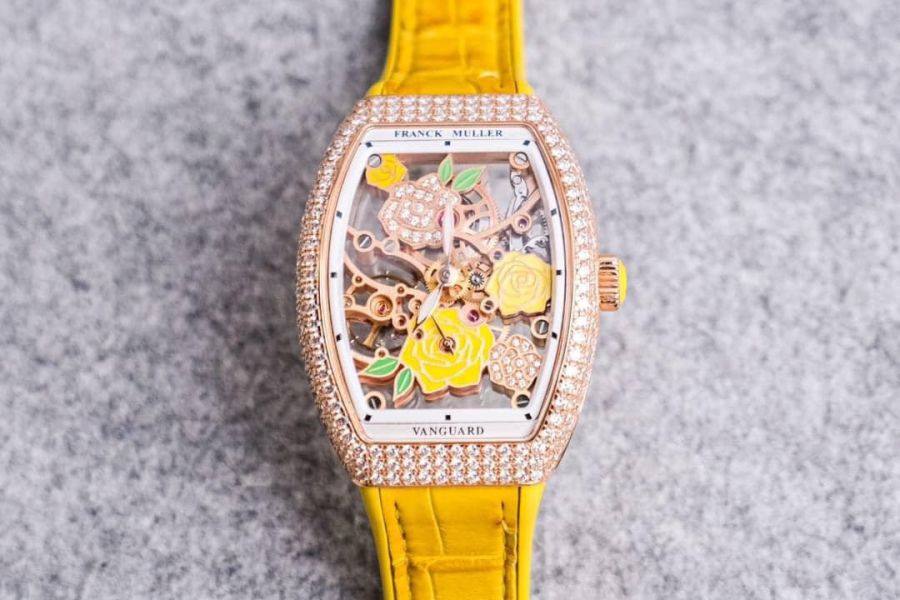 Franck Muller Vanguard Rose Skeleton 18K 玫瑰金女錶    黃色 Franck Muller Vanguard Rose Skeleton女錶,18K玫瑰金鑽石腕錶,Franck Muller手動上鏈腕錶
