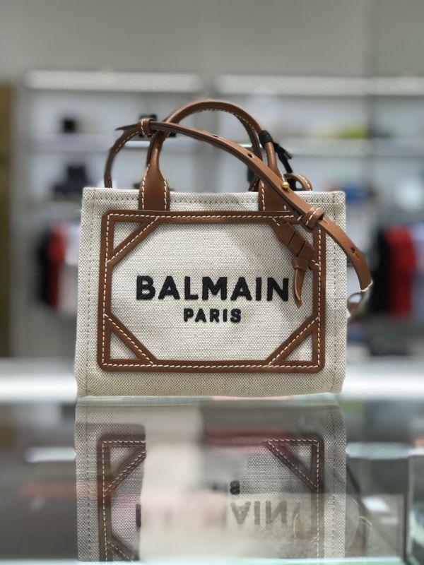 Balmain B-Army 皮革鑲嵌迷你帆布購物包 棕色 Balmain B-Army 皮革鑲嵌迷你帆布購物包  棕色