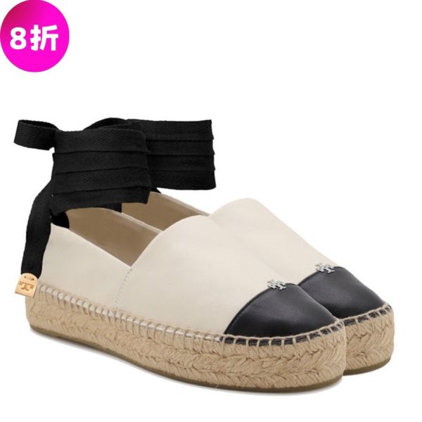 Tory Burch 女款拚色棉質踝絆帶草編鞋    US 8.5/9/9.5 Tory Burch、草編鞋、164724100、白色鞋、棉質鞋、度假風鞋、圓頭設計、綁帶鞋、麻底鞋、精品鞋履推薦、精品鞋履評價、精品鞋履價格、平行輸入、100%真品、專櫃真品保證、限時優惠、精品鞋履哪裡買