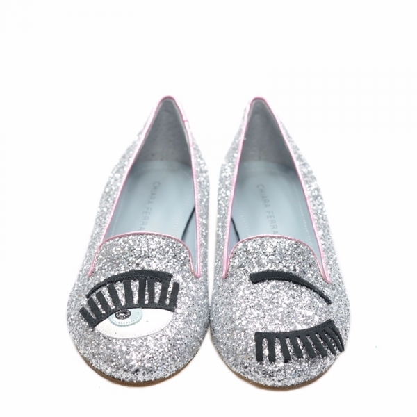 Chiara Ferragni CF 800 銀色粉紅滾邊眨眼低跟樂福鞋   IT  35/36/37/38 