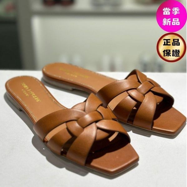 Saint Laurent YSL 571952 女款光滑皮革Tribute 涼拖鞋 琥珀色 / 建議買大半號 IT 35/36/37/37.5/38/40 Saint Laurent, 無後跟涼鞋, 無金屬鞣製皮革, 小牛皮, 0.5厘米低跟, 實用設計, 時尚單品, 交織搭帶