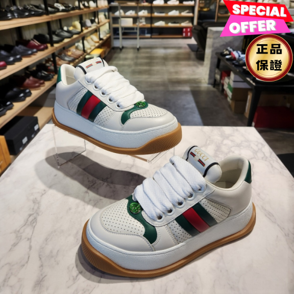 Gucci 女款 771880 Screener GG 復古厚底運動鞋  IT 36/38 Gucci, Screener Trainer, 白皮革, 平台運動鞋, 綠-紅-綠 Web 條紋, 橡膠鞋底, 實用設計, 時尚單品, 街頭風格