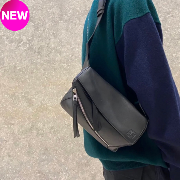 Loewe 經典小牛皮小號 Puzzle 腰包/胸前包 黑色 Loewe Puzzle腰包, 小型腰包, 幾何線條設計包, 小牛皮腰包, Jonathan Anderson設計包款。