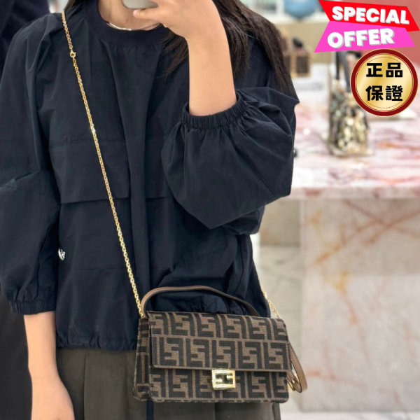 Fendi 8M0498 FF 緹花貝貴 Baguette WOC 鏈帶皮夾    棕色﻿ Fendi, Baguette鏈帶皮夾, 牛仔布FF提花, 棕色, 義大利製造, 時尚單品