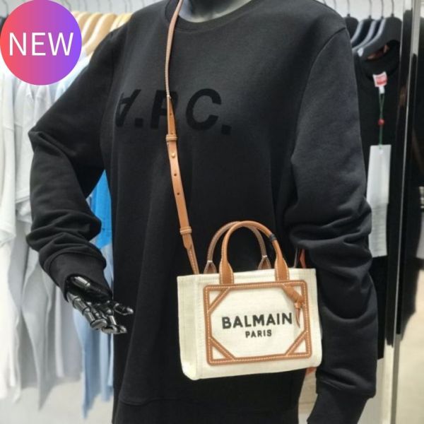 Balmain B-Army 皮革鑲嵌迷你帆布購物包 棕色 Balmain B-Army 皮革鑲嵌迷你帆布購物包  棕色