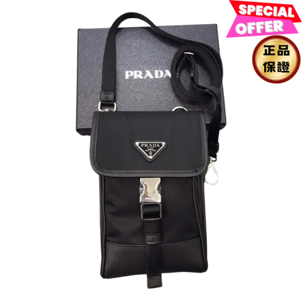 Prada 2ZH109 再生尼龍及Saffiano皮革肩背掛繩手機套/手機包  黑色 Prada手機包, 再生尼龍手機套, Saffiano皮革手機包, 黑色掛繩手機包, Prada環保設計, 搪瓷三角標手機包, Prada再生材質