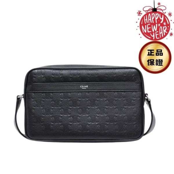 Celine 117003 Triomphe 凱旋門壓花皮革中號信使郵差包    黑色 Celine Triomphe 信使郵差包, 壓花牛皮革包, 中號郵差包, 黑色郵差包, 義大利製高端包款, 銀色飾件信使包, 百搭奢華包, Celine 日常包款