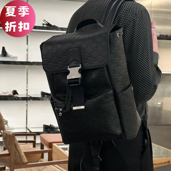 Celine 120813 TRIOMPHE 黑色壓花牛皮革背包 Celine 背包, 標誌印花, 黑色時尚, 牛皮革飾邊, 可調肩帶