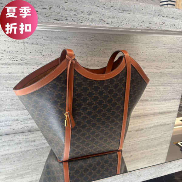 Celine 121322 中款標誌印花波士頓包   黃褐色 CABAS 手袋, 標誌印花, 黃褐色, 牛皮革, 大號設計