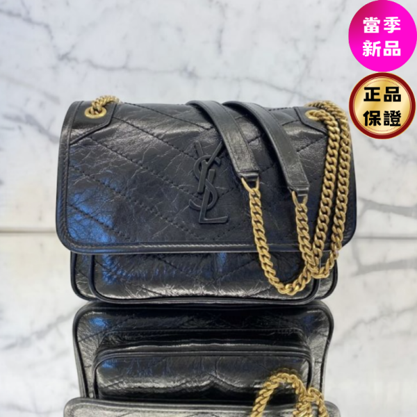 Saint Laurent YSL 中款 Niki 復古皺褶小牛皮金鏈 包   黑色 aint Laurent, YSL, Niki, 金鏈包, 小牛皮, 義大利製造