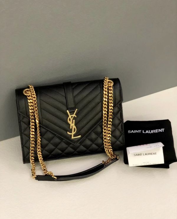 Saint Laurent  600185 YSL 中款 3種衍縫小羊皮金鍊信封包 黑色 