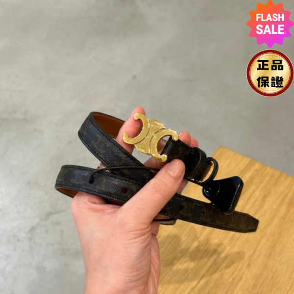 Celine 45AX62 女款標誌印花窄版1.8公分 Triomphe 凱旋門老花腰帶  黃褐色  80公分 Celine 女款標誌印花窄版1.8公分 Triomphe 凱旋門老花腰帶  黃褐色  80公分