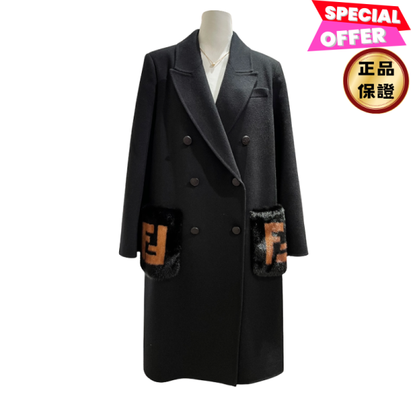 Fendi 女款 FF8948 貂毛皮草口袋配刷毛羊毛大衣    EU40S-M/42M-L endi, 黑色羊毛外套, 刷毛羊毛, 貂皮, 義大利製造, 時尚單品