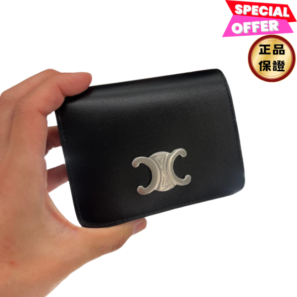 Celine 10K623 Triomphe 凱旋門小牛皮短夾 黑色/銀釦 Celine, TRIOMPHE錢包, 牛皮革, 黑色, 義大利製造, 時尚單品