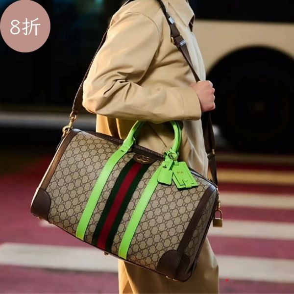 Gucci 724642 Savoy 中款綠色飾邊手提旅行袋 Gucci Savoy手提袋,GG Supreme水桶包,Gucci螢光綠飾邊包袋,Gucci夏日風水桶包,Gucci紅綠織帶