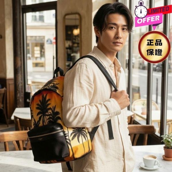 Saint Laurent YSL 聖羅蘭 棕櫚樹日落尼龍背包 YSL 背包, l 男士時尚背包, 筆電隔層背包, 可調肩帶背包, 義大利製背包, 多功能時尚包款