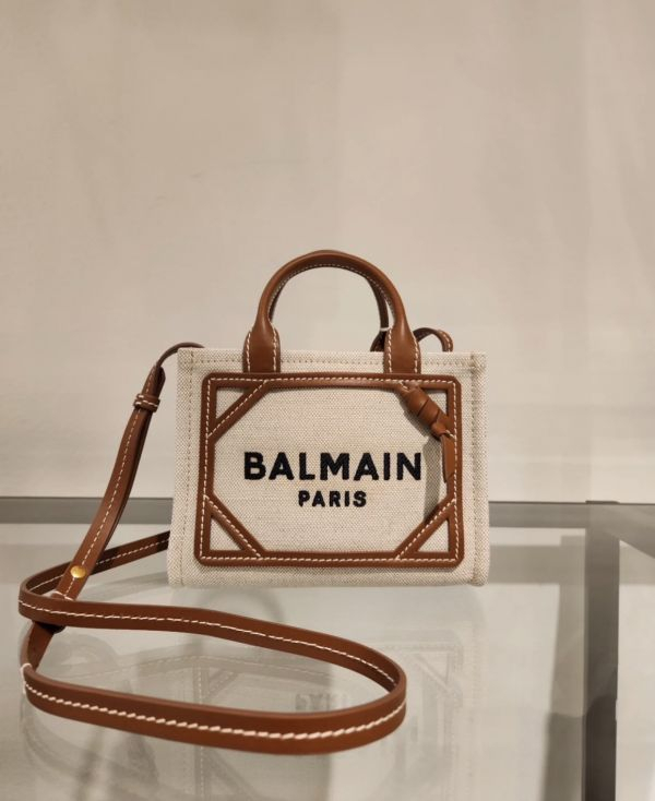 Balmain B-Army 皮革鑲嵌迷你帆布購物包 棕色 Balmain B-Army 皮革鑲嵌迷你帆布購物包  棕色