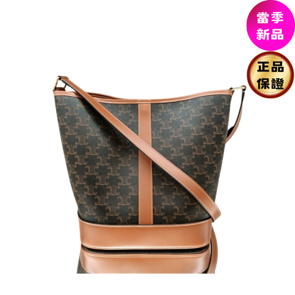 Celine 19113 中款老花凱旋門牛皮水桶包 Celine 手袋, 中款水桶包, 黃褐色牛皮包, Triomphe 凱旋門, 義大利手工, 低調奢華, 夏日時尚, 標誌印花包