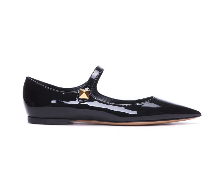 Valentino 女款 Tiptoe One Stud 漆皮尖頭芭蕾平底鞋 黑色   IT 36/36.5/37/37.5/38.5/39 