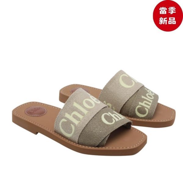 Chloe 女款 Woody Mules 刺繡 Logo 亞麻平底穆勒鞋  草綠色﻿  IT36/37/38/39 Chloe Woody拖鞋, 平底拖鞋, 亞麻拖鞋, 刺繡徽標拖鞋, 夏日必備拖鞋, 時尚拖鞋