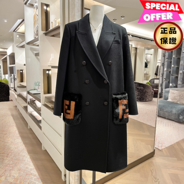 Fendi 女款 FF8948 貂毛皮草口袋配刷毛羊毛大衣    EU40S-M/42M-L endi, 黑色羊毛外套, 刷毛羊毛, 貂皮, 義大利製造, 時尚單品