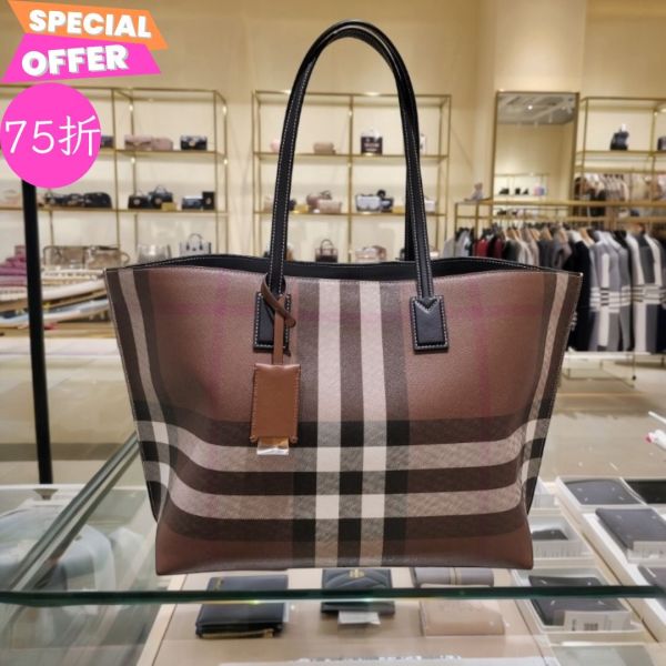 Burberry 80696591格紋中款小牛皮托特包    深樺木棕 Burberry 托特包, 中款格紋包, 小牛皮托特包, Burberry 經典包款, 深樺木棕托特包