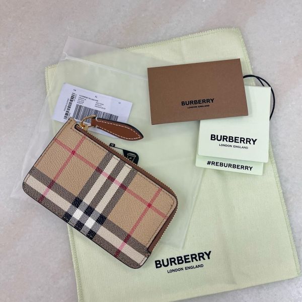 Burberry 80704191 格紋拼皮革拉鍊卡夾  典藏米色 
